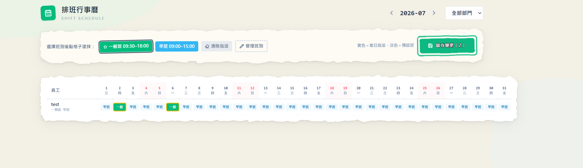 排班行事曆：上方工具列選好班別後，直接在員工×日期的格子上塗抹，改了幾格「儲存變更」按鈕上就顯示幾筆